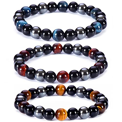 SAMXY Triple Protection Bracelet, 8mm Healing Crystal Bead Bracelet, 3pcs Blue Red Tiger's Eye Obsidian Hematite Bracelet Women Men - color: 3Pcs-8mm