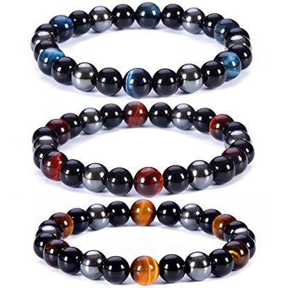 SAMXY Triple Protection Bracelet, 8mm Healing Crystal Bead Bracelet, 3pcs Blue Red Tiger's Eye Obsidian Hematite Bracelet Women Men - color: 3Pcs-8mm