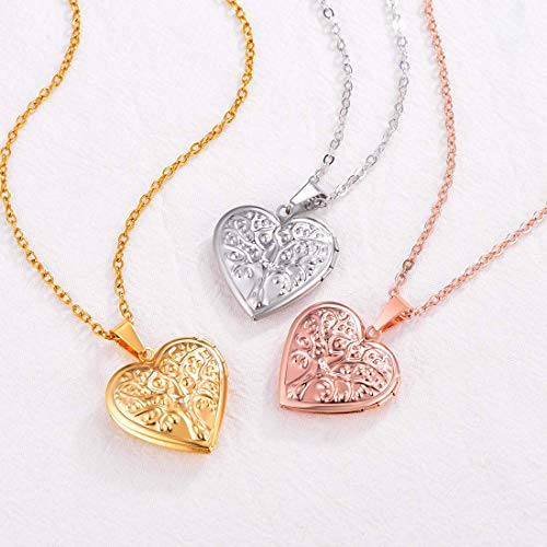 U7 Women Locket Necklace, Heart Photo Lockets Hold Picture, Gift Box Packed | Gold/Silver/Rose Locket Charm, Custom Picture and Engravement Heart Pendant, 20" Chain, Personalized Gift for Mom Wife Friend - color: 04# Rose Gold(Tree of Life)