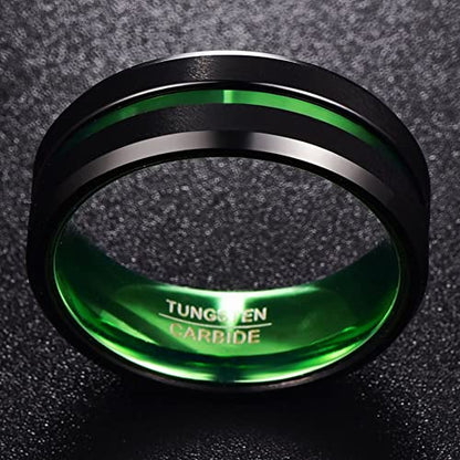 NUNCAD 8mm Men's Tungsten Rings Multi-Color/Green/Purple Plated Grooved Black Matte Finish Beveled Edges Size 4 to 16 - color: Green Grooved