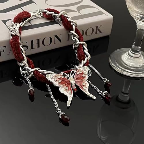 Gothic Black Choker Necklace, Elegant Lace Collar Design, Adjustable Velvet Ribbon, Dark Jewelry for Women, Unique Goth Gifts - style: Red Butterfly