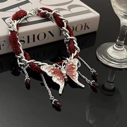 Gothic Black Choker Necklace, Elegant Lace Collar Design, Adjustable Velvet Ribbon, Dark Jewelry for Women, Unique Goth Gifts - style: Red Butterfly