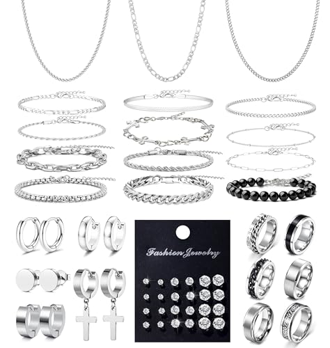 RIOSO Jewelry Set for Men Silver Stainless Steel Cuban Link Necklace Bracelet Rings Hoop Stud Earrings Mens Jewelry Set - size: 9