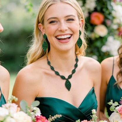 Flyonce Wedding Jewelry Set Rhinestone Crystal Bridal Leaf Necklace Drop Dangle Chandelier Earrings Sets for Women - color: Green Black-Tone