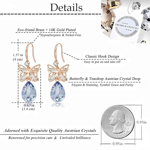 Austrian Crystal Teardrop Butterfly Drop Dangle Earrings for Women 14K Rose Gold Plated Hypoallergenic Jewelry - color: Light Blue