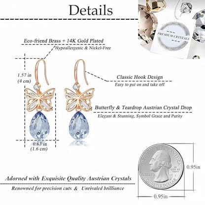 Austrian Crystal Teardrop Butterfly Drop Dangle Earrings for Women 14K Rose Gold Plated Hypoallergenic Jewelry - color: Light Blue