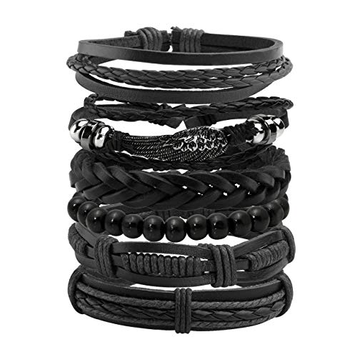 Mens Bracelet Braided Leather Punk Rock Cuff Bracelets Wrap Bracelet for Men Women Black - color: A:Black