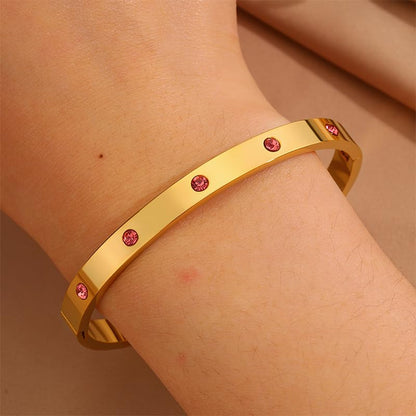 Gold Bangle Bracelet for Women, Stainless Steel Pink Crystal Adjustable Cuff
