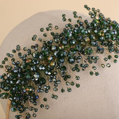 Rhinestones Beads Hair Crown for Wedding Brides Women Tiara Jewelry Handmade Sparkle Hair Piece - color: Green