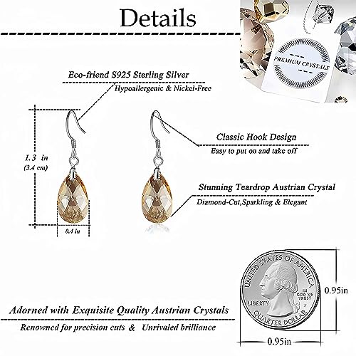 Austrian Crystal Teardrop Drop Earrings for Women, French Hook | 925 Sterling Silver Hook, Crystal Dangle Earrings, Sparkly Teardrop Stone, Lightweight Feel, Day-To-Evening Wear - color: Topaz