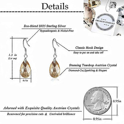 Austrian Crystal Teardrop Drop Earrings for Women, French Hook | 925 Sterling Silver Hook, Crystal Dangle Earrings, Sparkly Teardrop Stone, Lightweight Feel, Day-To-Evening Wear - color: Topaz