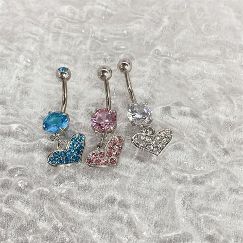 Rhinestone Heart Dangle Belly Button Ring for Women Stainless Steel Sparkle Crystal Love Heart Navel Curved Barbell Rings Piercing Body Jewelry - color: White