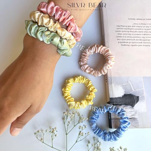 SILVR BEAR Luxury Satin Scrunchies, No Damage Small Hair Ties for Thin Hair, Softer than Silk Ponytail Holders for Women, Girls, Men, 6 Pack Pastel Shades - color: Pastel Skinny