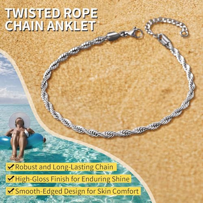 ChainsHouse Ankle Bracelets for Women, Stainless Steel Beaded Chain Ankle Bracelet, Womens Heart Anklets for Summer Beach Jewelry Gifts - color: L: twisted rope-6mm-stainless