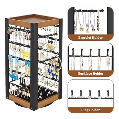 360° Rotating Jewelry Organizer, Earring Holder with Ring Tray & Hooks | Stores 200+ earrings, rings, necklaces and bracelets with a bamboo tray for perfume, lipstick and vanity essentials. - color: Black