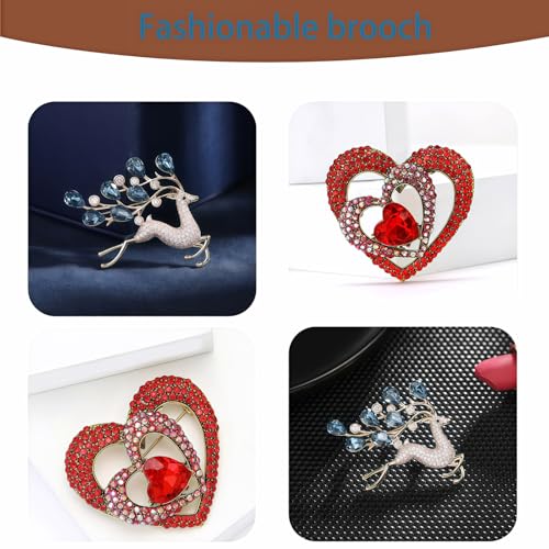 2pcs Rhinestone Brooch Pin for Women Dress Elegant Stylish Crystal Brooches Fashion Accessories Pins Lapel Boutonniere Ideas Wedding Christmas Birthday Jewelry Easter Gift - color: 17 Blue Deer/Red Heart