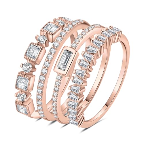 JewelryPalace Princess Emerald Cut CZ Stackable Wedding Ring Eternity Bands for Women, Cubic Zirconia 925 Sterling Silver 14k Yellow Rose Gold Plated Promise Ring for Her, 4pc Anniversary Ring Sets - color: F-4Pcs-Rose Gold Plated Brass