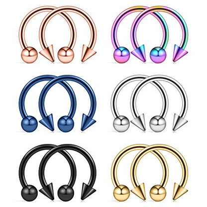 12PCS 14G Surgical Steel Nose Septum Horseshoe Hoop Earring Eyebrow Tragus Lip Piercing Ring - style: 10mm w Balls & Spikes