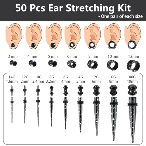 50 Pcs Ear Stretching Kit, Acrylic Gauges for Ears 14G-00G | Lightweight Tapers+ Plugs+ Silicone Tunnels, Gauge Stretching Kit, Piercing Earring Jewelry for Men, Women, Starter Expanders - color: Black & White Splatter