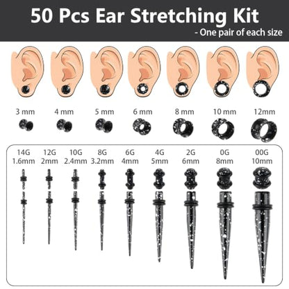 50 Pcs Ear Stretching Kit, Acrylic Gauges for Ears 14G-00G | Lightweight Tapers+ Plugs+ Silicone Tunnels, Gauge Stretching Kit, Piercing Earring Jewelry for Men, Women, Starter Expanders - color: Black & White Splatter