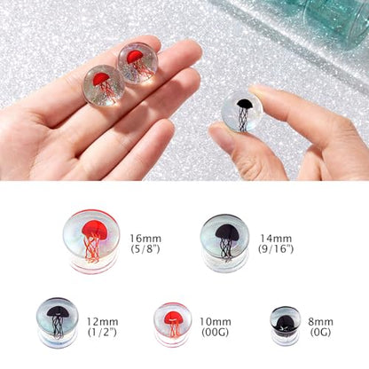 Stuppendux 4 Style 2Set Color Ocean Jellyfish Glass Double Flared Ear Plugs Tunnels Expander Stretching Kit Gauge 0g-5/8 8-16mm - color: Transparent Jellyfish 12MM