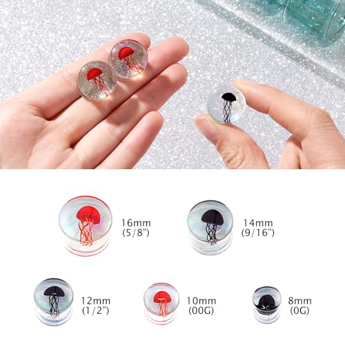 Stuppendux 4 Style 2Set Color Ocean Jellyfish Glass Double Flared Ear Plugs Tunnels Expander Stretching Kit Gauge 0g-5/8 8-16mm - color: Transparent Jellyfish 16MM