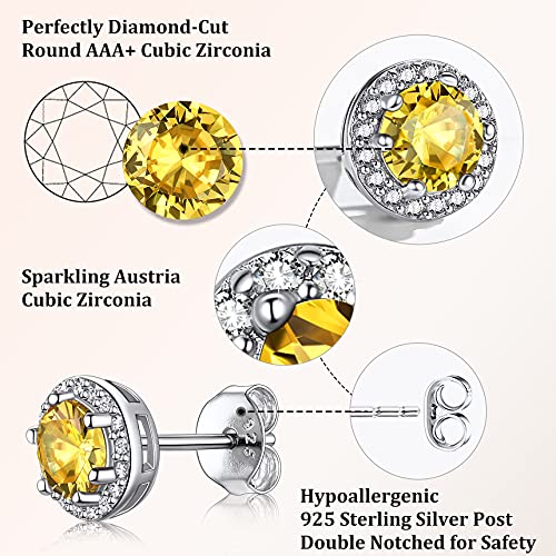 Bestyle Sparkling 925 Sterling Silver Birthstone Stud Earrings for Women, Heart/Round/Teardrop/Square Solitaire Diamond Studs Earrings, Great Birthday/Christmas Gifts - style: 11. Yellow Topaz-Nov.-round