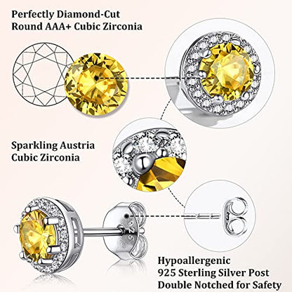 Bestyle Sparkling 925 Sterling Silver Birthstone Stud Earrings for Women, Heart/Round/Teardrop/Square Solitaire Diamond Studs Earrings, Great Birthday/Christmas Gifts - style: 11. Yellow Topaz-Nov.-round
