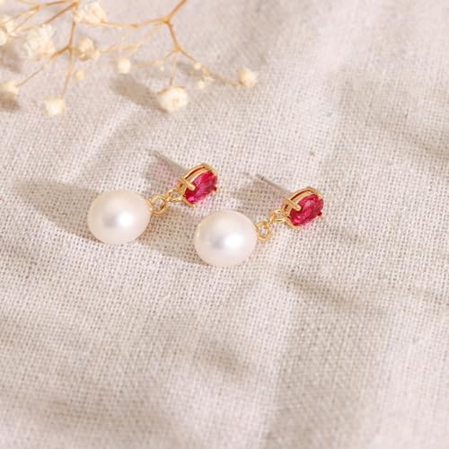 Pearl Drop Earrings Cubic Zirconia Stone Pearl Stud Earrings for Prom, Bridesmaids, Birthday Women Jewelry - color: fuchsia CZ Stone