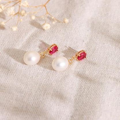 Pearl Drop Earrings Cubic Zirconia Stone Pearl Stud Earrings for Prom, Bridesmaids, Birthday Women Jewelry - color: fuchsia CZ Stone