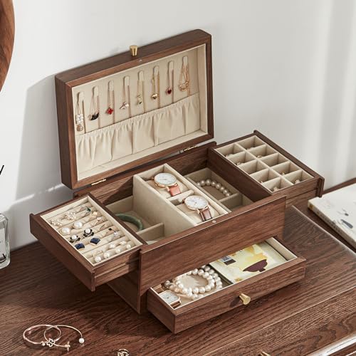 Black Walnut Wooden Jewelry Box for Women, 3 Layer | Large Wood Jewelry Organizer, Multi-functional Drawers, Watch, Necklace, Ring, Earring Storage, Gift