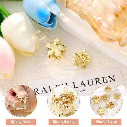 CWJCYTNSN 12PCS Gold Metal Flower Claw Hair Clips for Women Girls - 0.6" Mini Nonslip Bangs Clips for Thick, Thin, Curly Hair Accessories - color: Gold flower