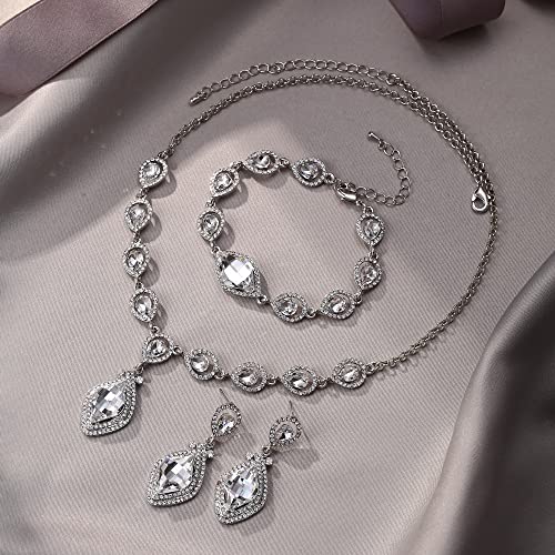 EVER FAITH Bridal Wedding Crystal Marquise Teardrop Pendant Necklace Earrings Bracelet Set for Prom - color: Clear Silver-Tone