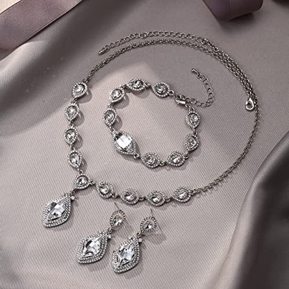 EVER FAITH Bridal Wedding Crystal Marquise Teardrop Pendant Necklace Earrings Bracelet Set for Prom - color: Clear Silver-Tone