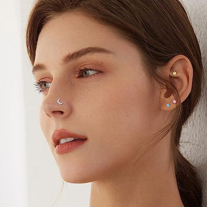 36-44 Pcs 18G 20G Nose Rings Studs Nose Rings for Women Nose Piercings Jewelry Surgical Stainless Steel Nose Studs Moon Star Heart Butterfly Hypoallergenic Body Piercing Jewelry for Women Men - color: 20G Colorful A-L Shape- 44 Pcs