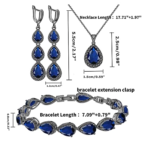 LMXXVJ Necklace Long Earrings Bracelet Set, White Gold Plated Created Blue Sapphire Jewelry Set Wedding Party Gift Jewelry for Women Bridal Bridesmaid - color: Black Gun-Blue