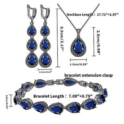 LMXXVJ Necklace Long Earrings Bracelet Set, White Gold Plated Created Blue Sapphire Jewelry Set Wedding Party Gift Jewelry for Women Bridal Bridesmaid - color: Black Gun-Blue