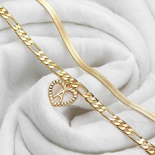 YANODA Gold Ankle Bracelets for Women Waterproof, 14k Gold Plated Layered Snake Anklets Figaro Chain Letter Initial Anklets Handmade Heart Ankle Bracelets Personalized for Women Beach Jewelry Gifts - color: O