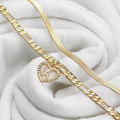 YANODA Gold Ankle Bracelets for Women Waterproof, 14k Gold Plated Layered Snake Anklets Figaro Chain Letter Initial Anklets Handmade Heart Ankle Bracelets Personalized for Women Beach Jewelry Gifts - color: H