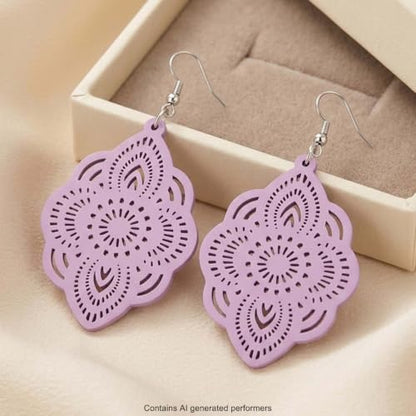 Boho Black Filigree Dangle Earrings for Women, Lightweight Hollow Lace Drop, Wood, 3.34" x 1.69", Bohemian Jewelry - color: Light Purple