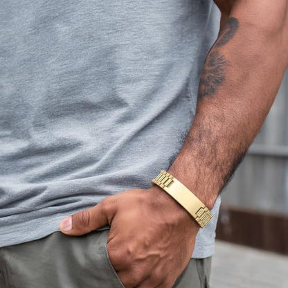 ChainsHouse Men Stainless Steel Bracelet Adjustable Custom ID Engraved Gift | Personalized Silver/Gold/Black for Birthday Father Husband Boyfriend with Gift Box Adjustable Tool 10mm/15mm/15.5mm 8.3"/8.7" - color: I.15mm Width-Gold-No Custom