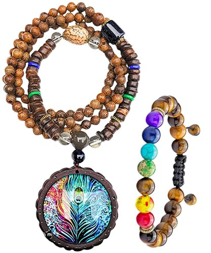 Bohemian Beaded Necklace for Women Long Boho Pendant Wood Mala Beads Wooden Strand Tassel Stone Bohemian Necklaces for Women Jewelry - style: Ethnic Peacook Feather