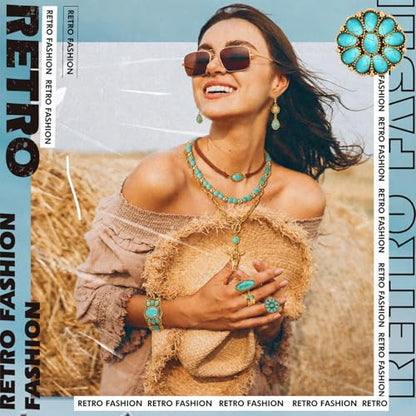 Ecally Bohemian Western Jewelry Turquoise Set Women Country Pendant Long Choker Layered Bracelets Earrings Ring for Women - color: Gold, style: Shiny