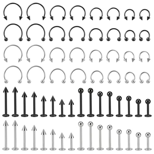 Lusofie 64PCS Lip Rings Labret Jewelry 16G Stainless Steel Helix Earring Daith Tragus Cartilage Studs Horseshoe Snake Bite Lip Piercing Jewelry for Women Men