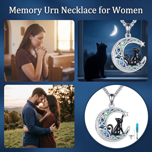 925 Sterling Silver Moon Black Cat Necklace for Women Cat Jewelry - style: Abalone Moon Cat Urn Necklace