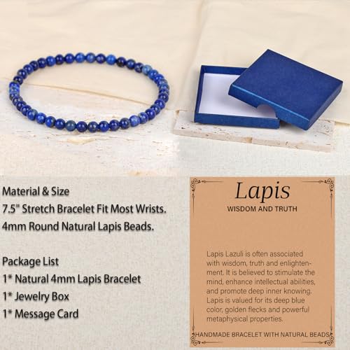 LPBeads Handmade Natural Gemstone Stretch Elastic Bracelet Healing Crystal Round Stone Beads Jewelry Gifts for Women Men - color: Lapis Lazuli, size: 4mm