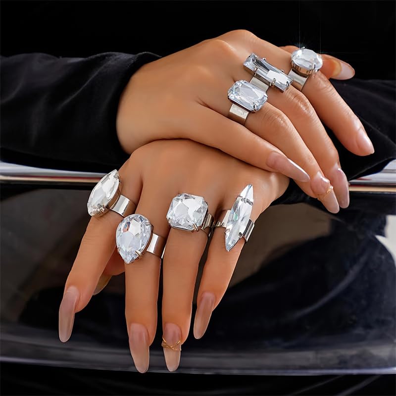 Statement Big Bling Rhinestone Costume Rings Stack Chunky Unique Silver Crystal CZ Large Knuckle Cocktail Ring Pack Cool Prom Jewelry Set for Women Trendy - style: Bling