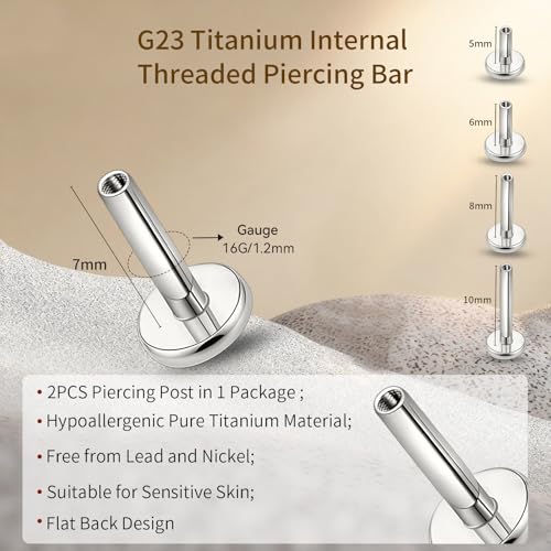 limerencia 16G/18G Hypoallergenic Internal Threaded Titanium Bar Post Replacement,Flat Back Stud Earrings Post Medusa Helix Couch Labret Bar for Women Men Sensitive Ears(A Pair) - color: silver tone, size: 16G-7mm