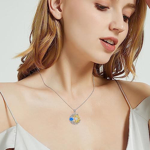 AOBOCO 925 Sterling Silver Moon Sun Star Necklace Celtic Jewelry for Women Girls - color: Silver&Gold&Blue White Opal