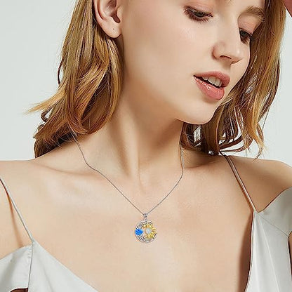 AOBOCO 925 Sterling Silver Moon Sun Star Necklace Celtic Jewelry for Women Girls - color: Silver&Gold&Blue White Opal